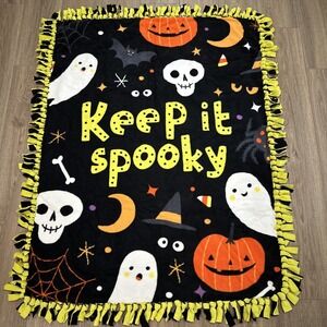 Vtg Keep It Spooky  Halloween Ghost Pumpkin Throw‎ Blanket Double Sided  55X43"